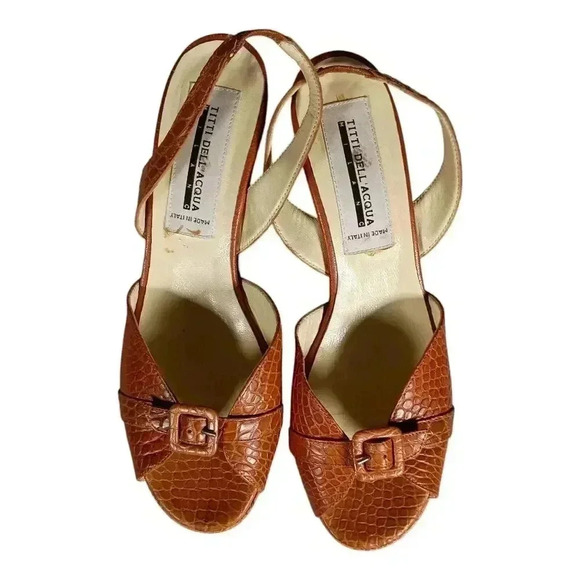 Titti Dellacqua Peep Toe Slingback Sandal Cognac Brown Leather Alligator 8-8.5 - Picture 5 of 8